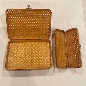 Vintage Lillian Vernon Nesting Pencil Cases Bamboo Cane Woven 2 Pieces